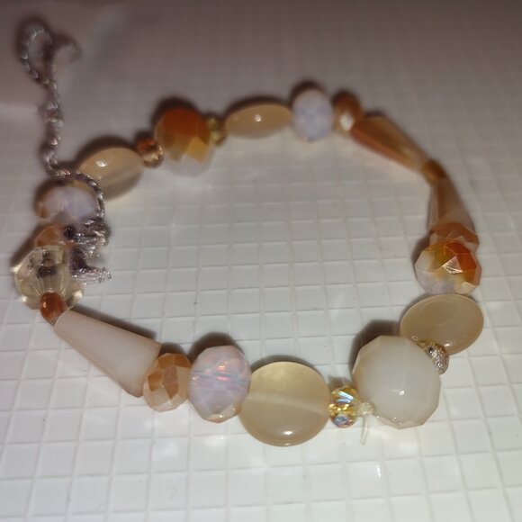 Bracelet Small - Beads and Natural Stones Beige Handmade Elastic - Picture 2 of 2